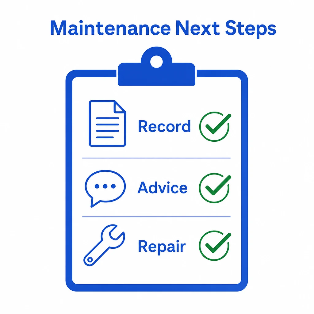 Checklist graphic showing record, advice and repair next steps