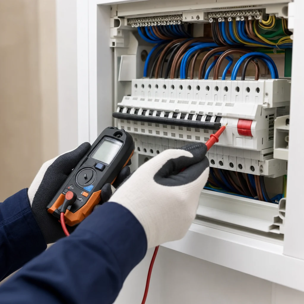 Close-up of an electrician testing a home consumer unit