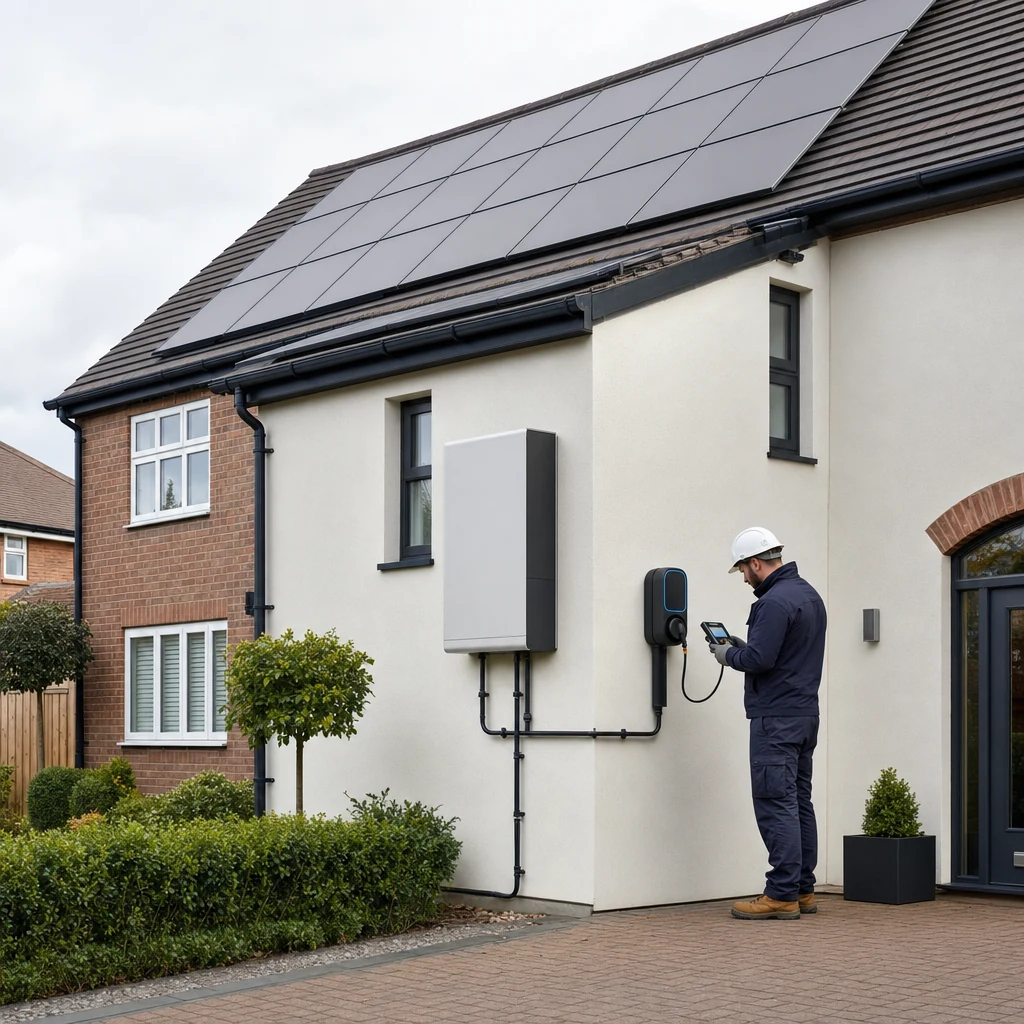 Electrician checking a home EV charge point with solar panels and battery storage