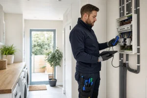 Electrician inspecting a tidy home consumer unit during electrical maintenance