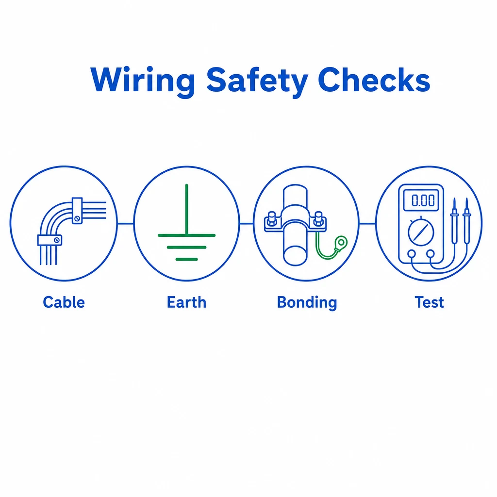 Graphic showing wiring, earth, bonding and testing checks