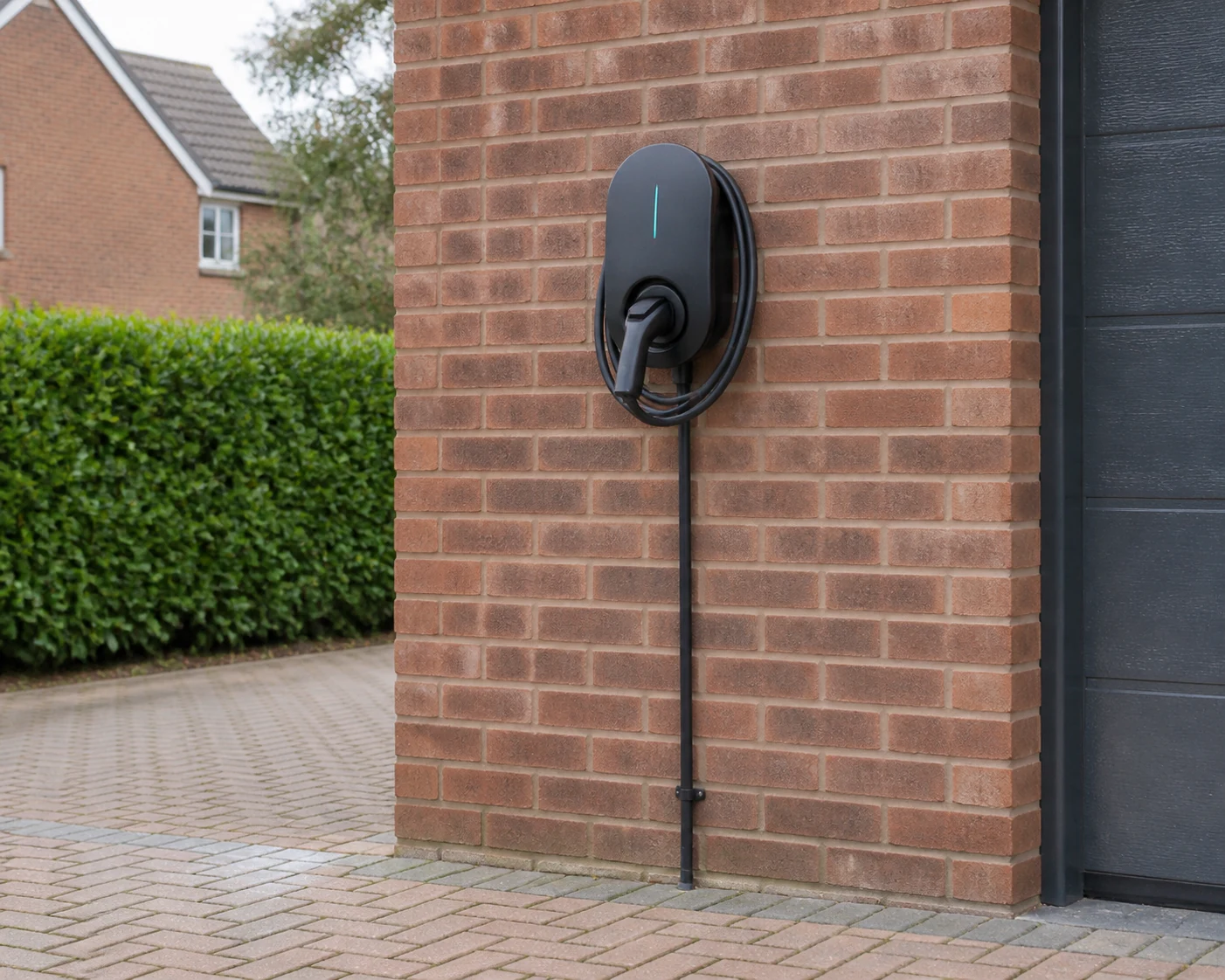 EV charge point installed neatly on a brick wall beside a driveway.