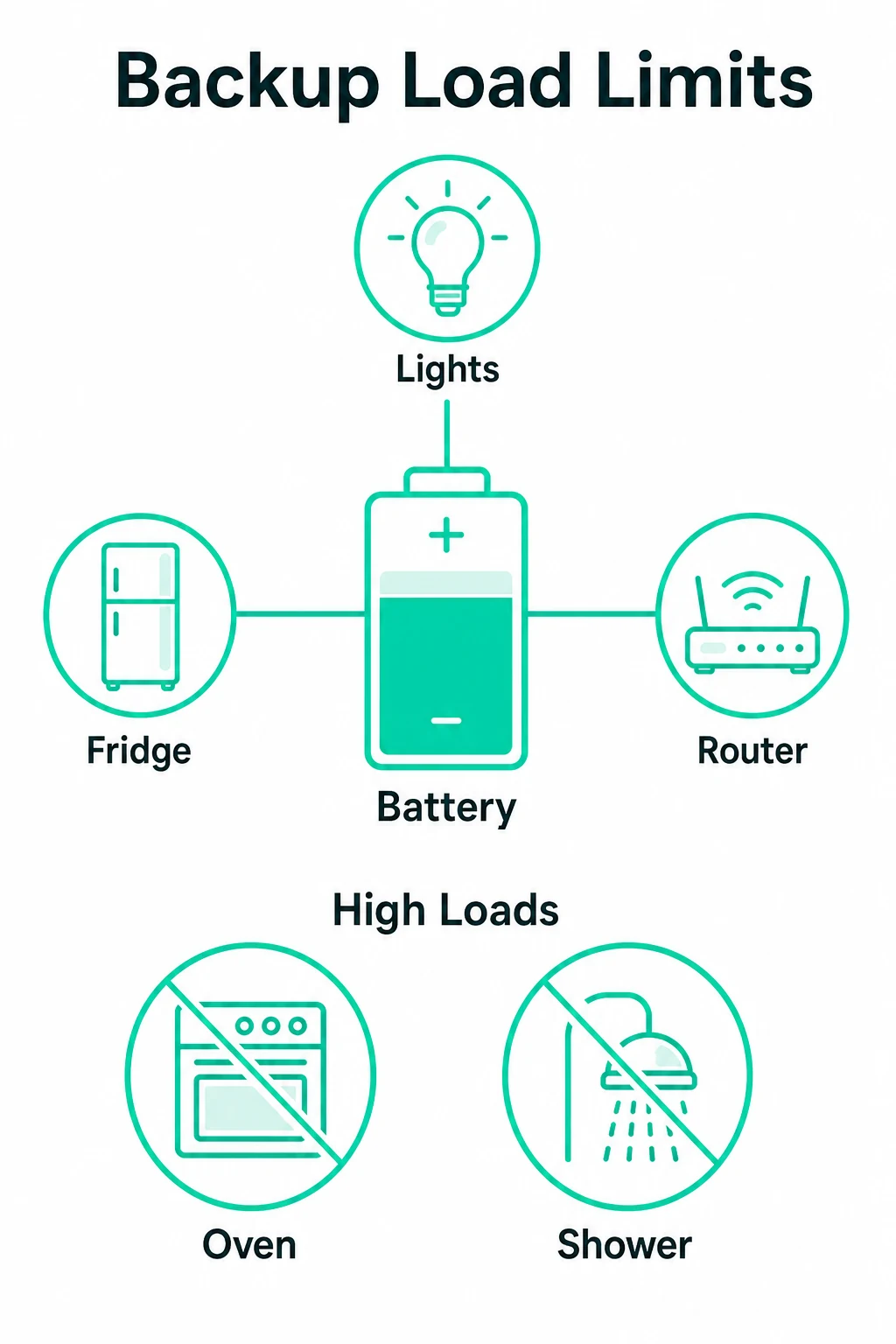 Graphic showing a battery powering essentials but not high-load appliances.