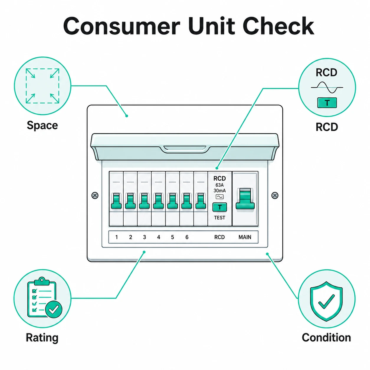 Graphic showing consumer unit checks for space, RCD, rating and condition.