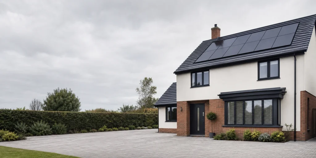 UK home with black rooftop solar panels.