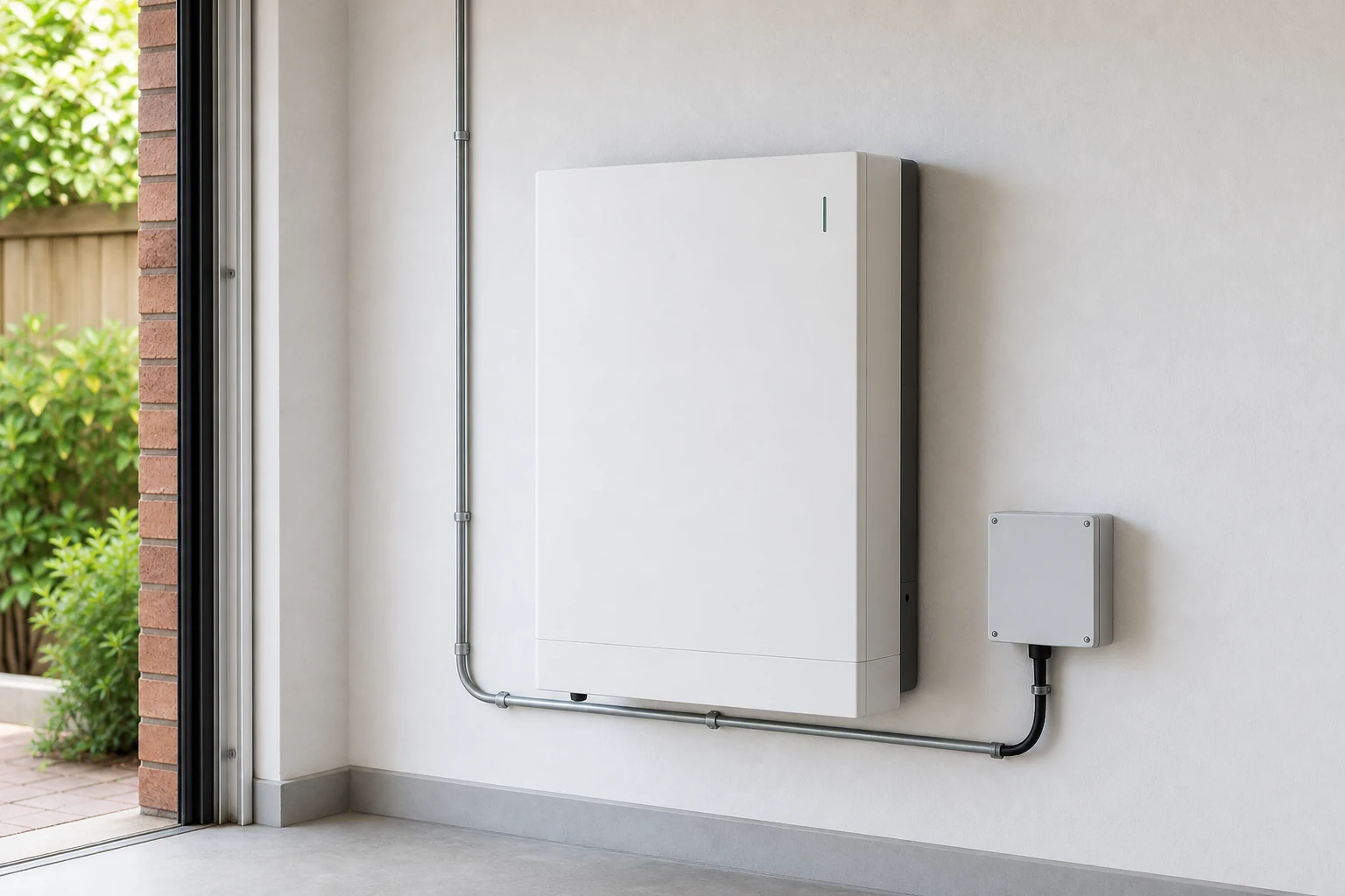 Wall-mounted home battery storage unit in a tidy utility space.