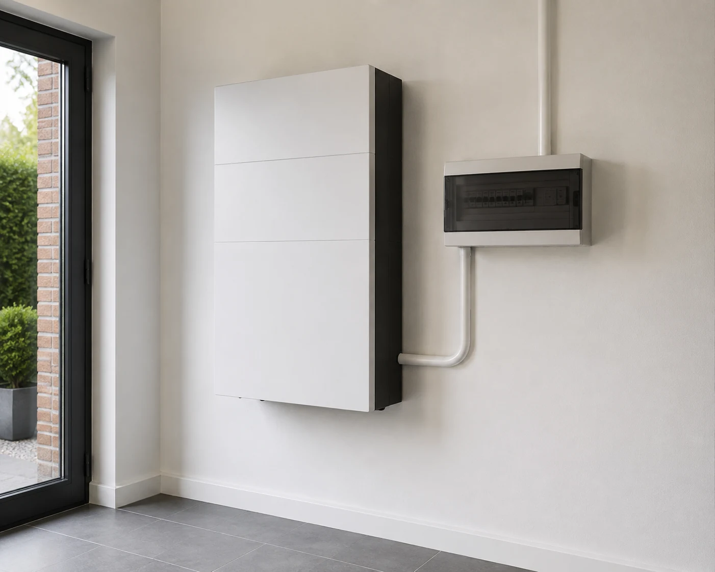Tidy wall-mounted battery storage installation beside a consumer unit