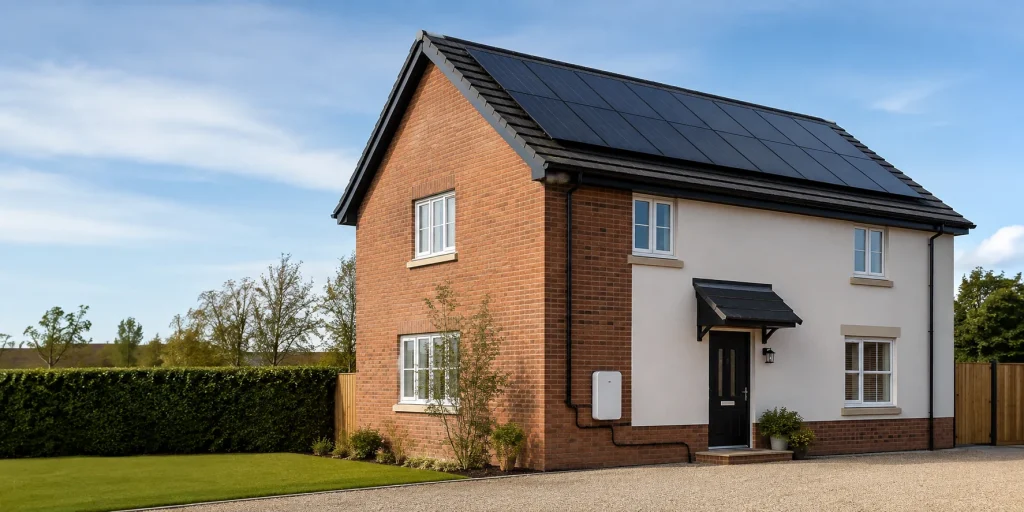UK home with roof solar panels and wall-mounted battery storage